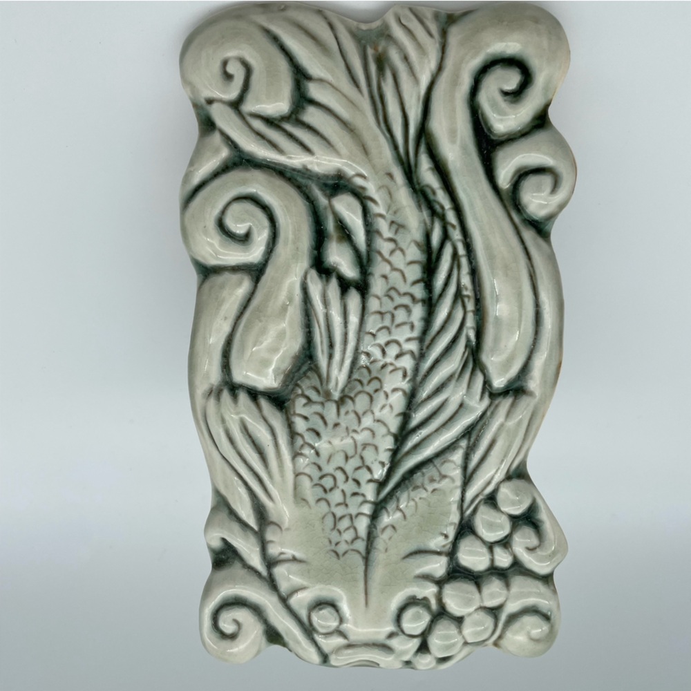 Ceramic Fish Wall Plaque in Pale Sage Green Tile Relief Art